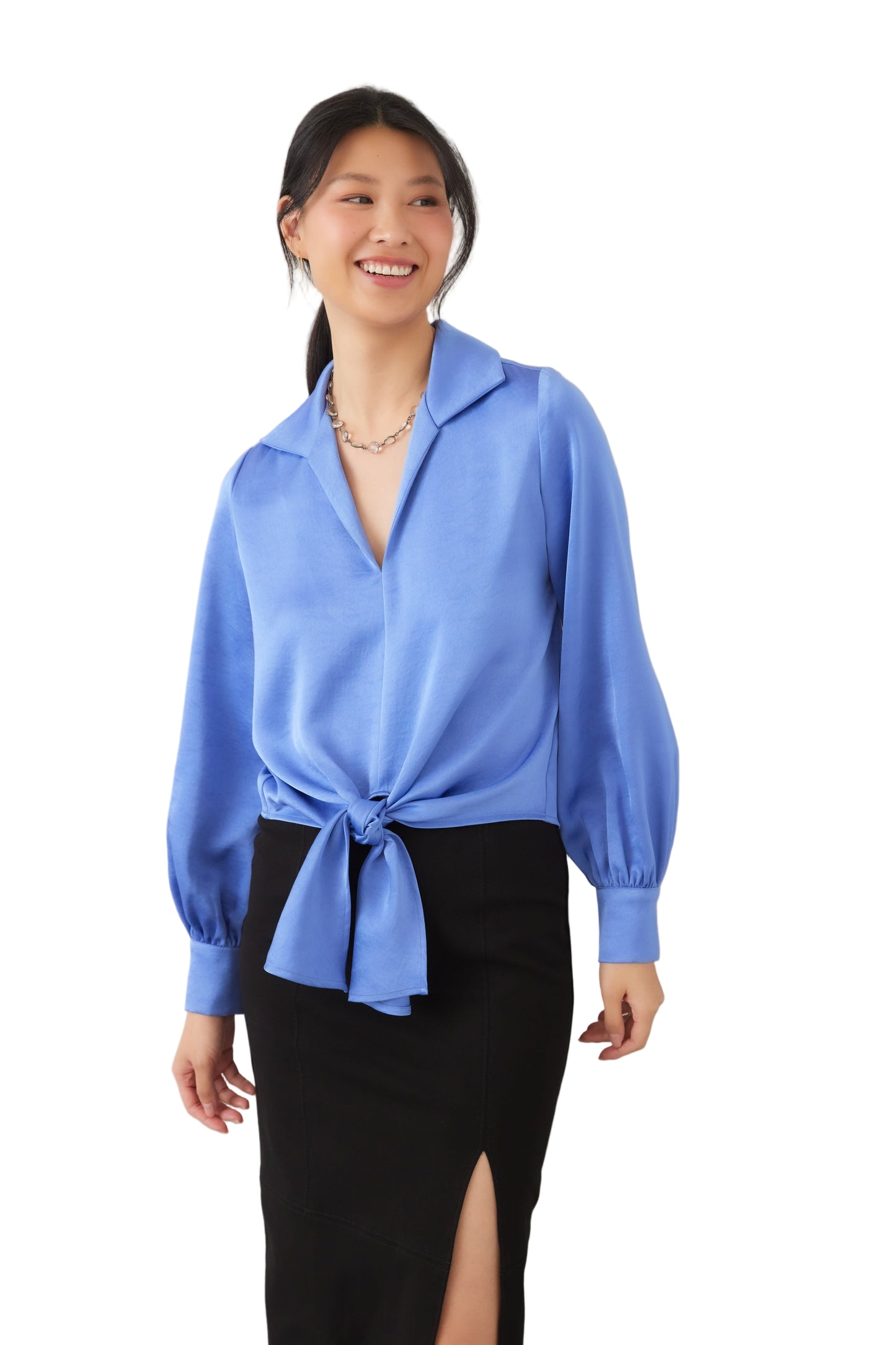 Long Sleeve Satin Tie-Front Top