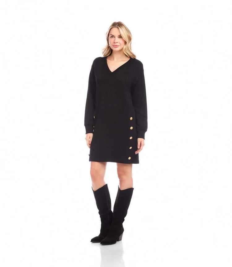 Long Sleeve V-Neck Button Detail Dress - Black