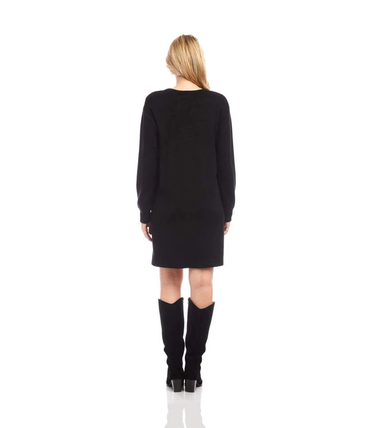 Long Sleeve V-Neck Button Detail Dress - Black