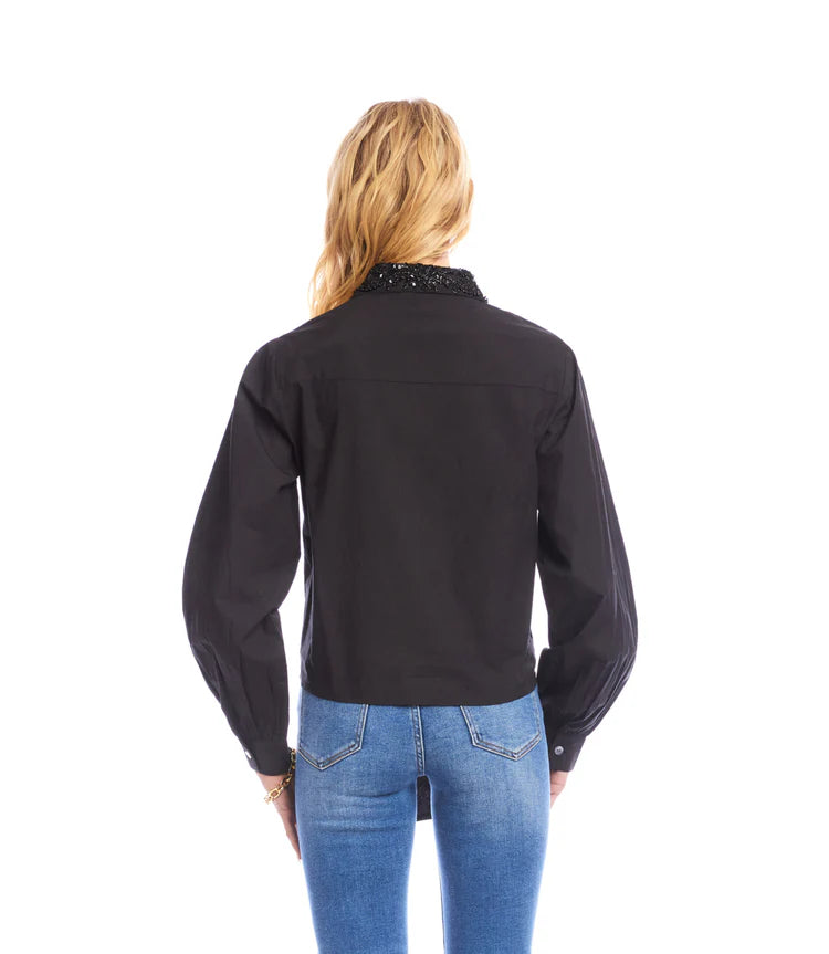 Embellished Collar Tie-Front Top - Black