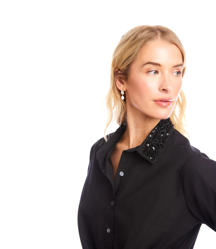Embellished Collar Tie-Front Top - Black