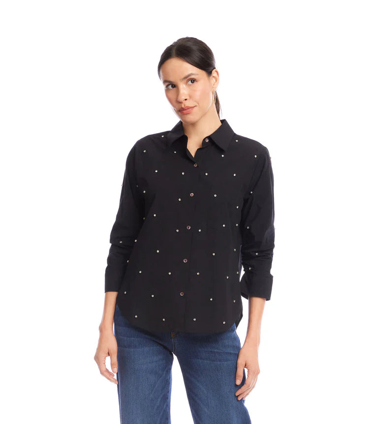 Embellished Ruched Sleeve Shirt - Black