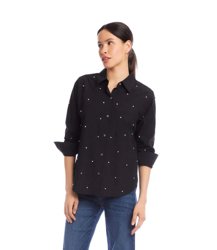 Embellished Ruched Sleeve Shirt - Black