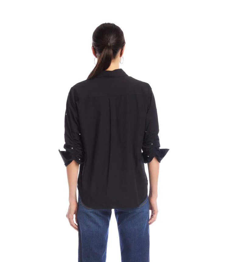 Embellished Ruched Sleeve Shirt - Black