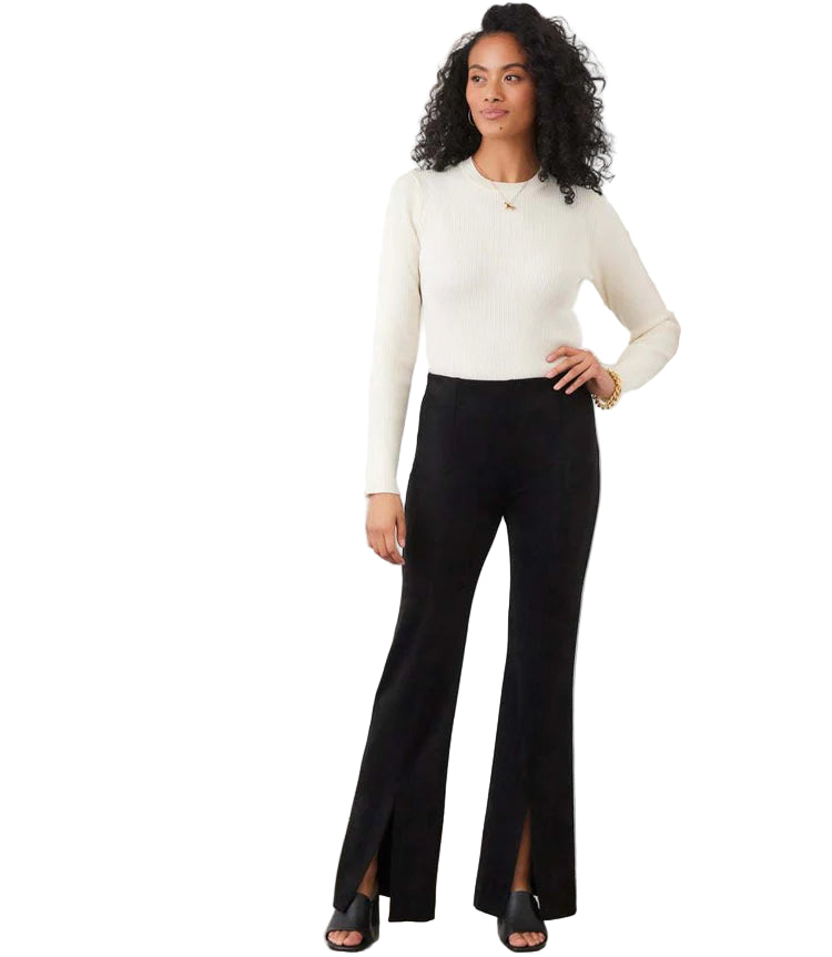 Faux Suede Front Slit Pants - Black
