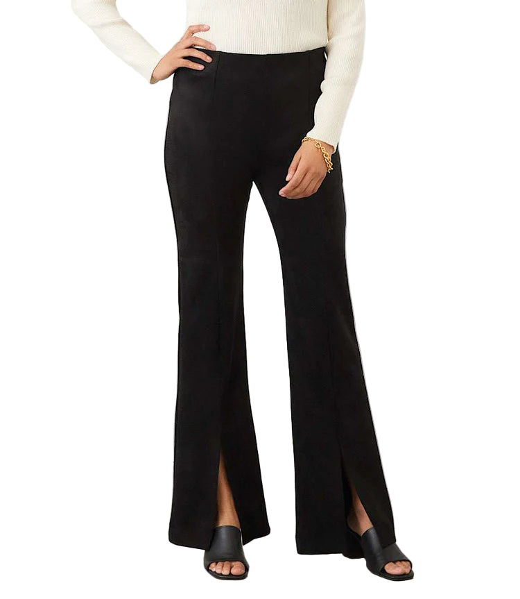 Faux Suede Front Slit Pants - Black
