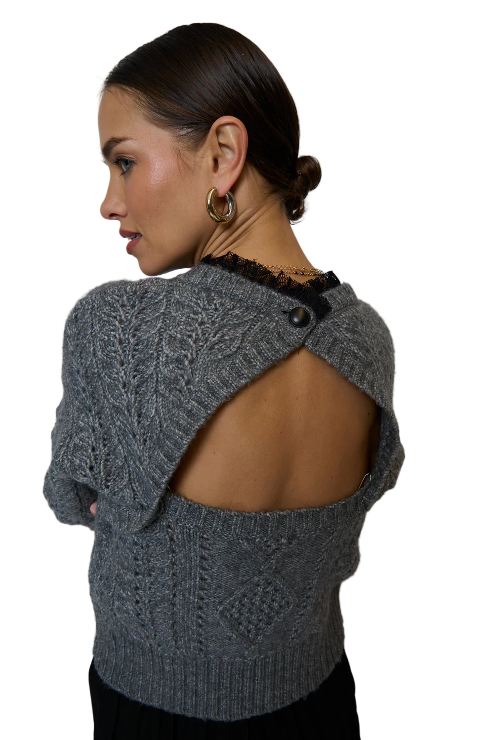 Celeste Lace Trim Cable Top - Charcoal