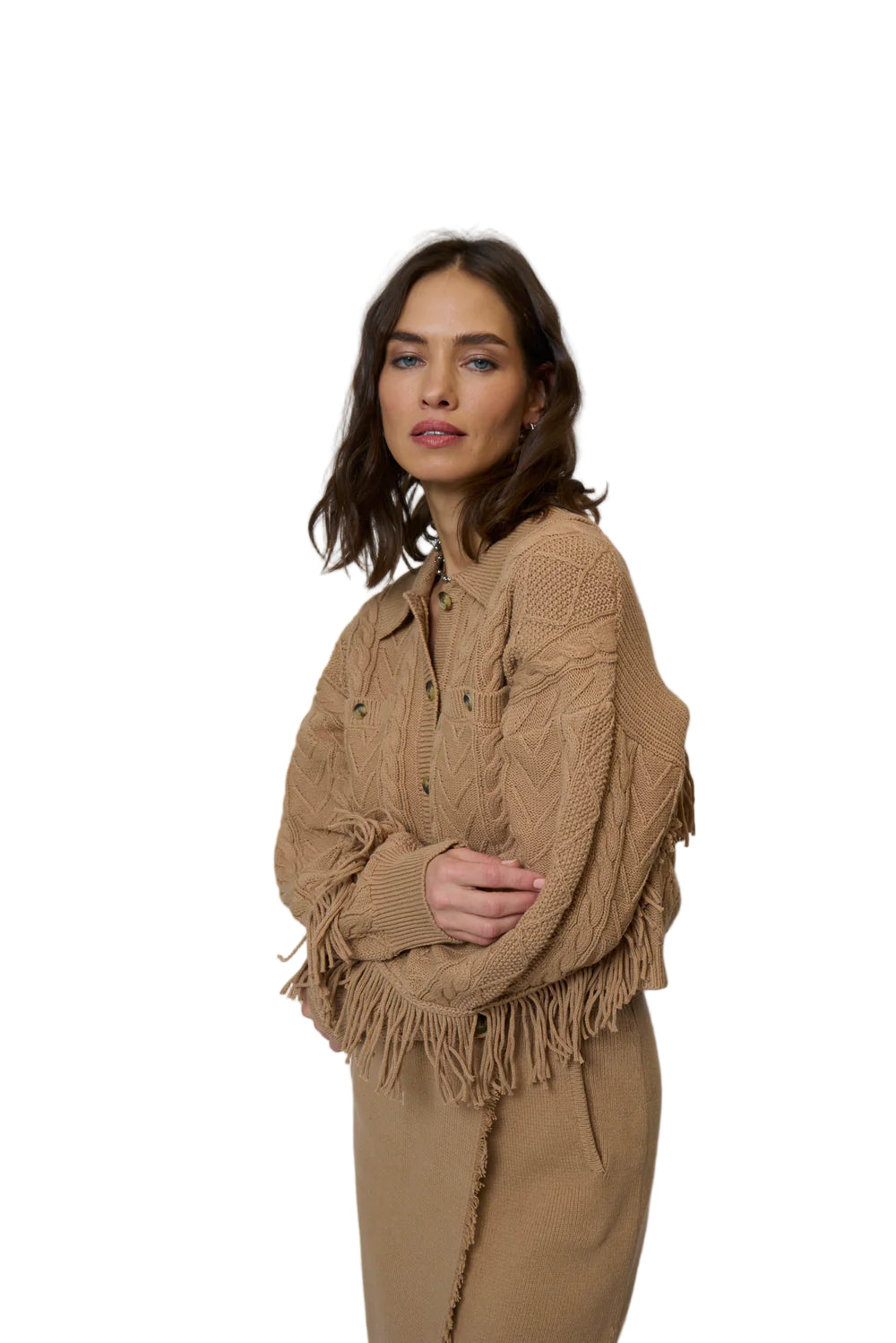 Elysa Cable Fringe Sweater - Camel