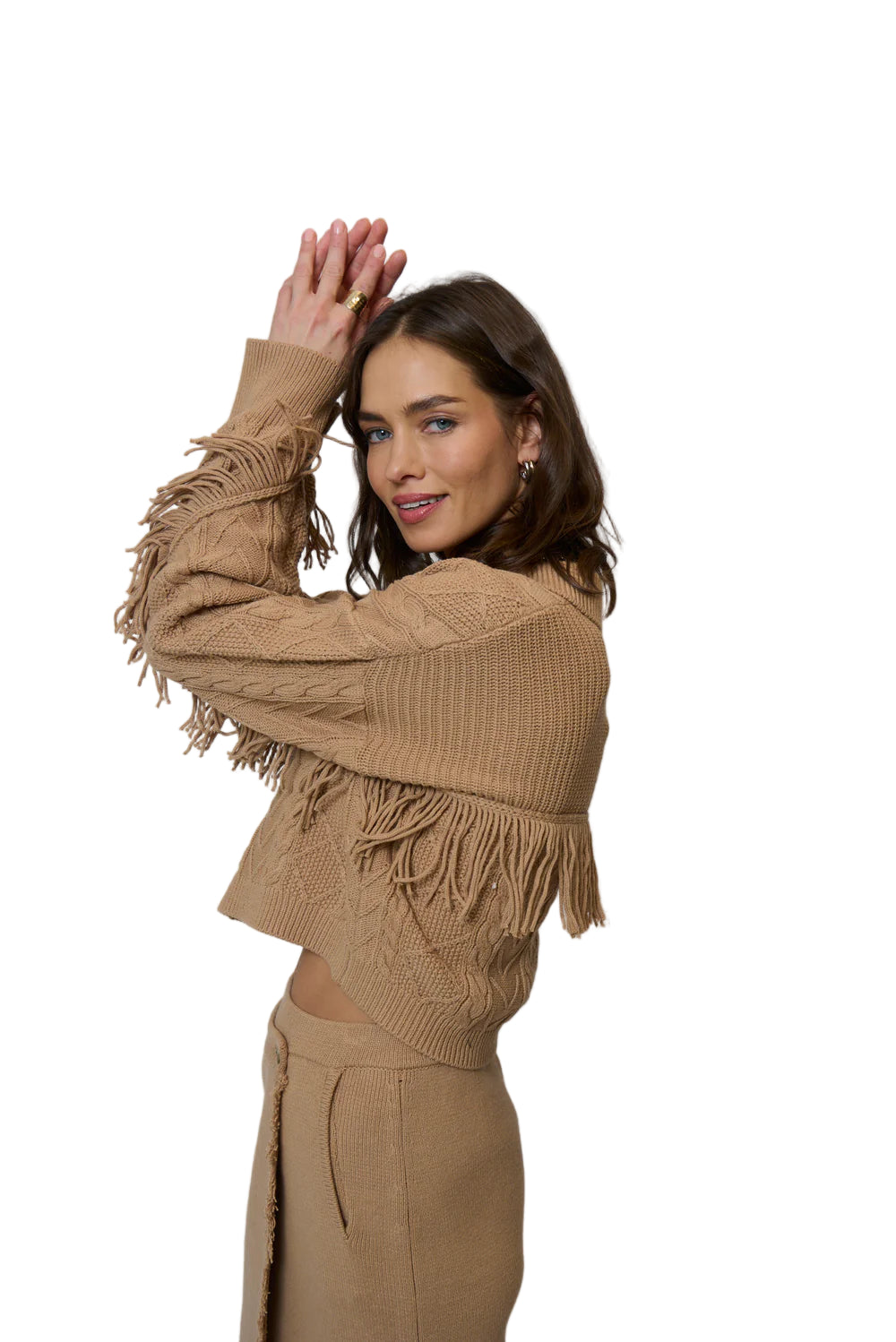 Elysa Cable Fringe Sweater - Camel