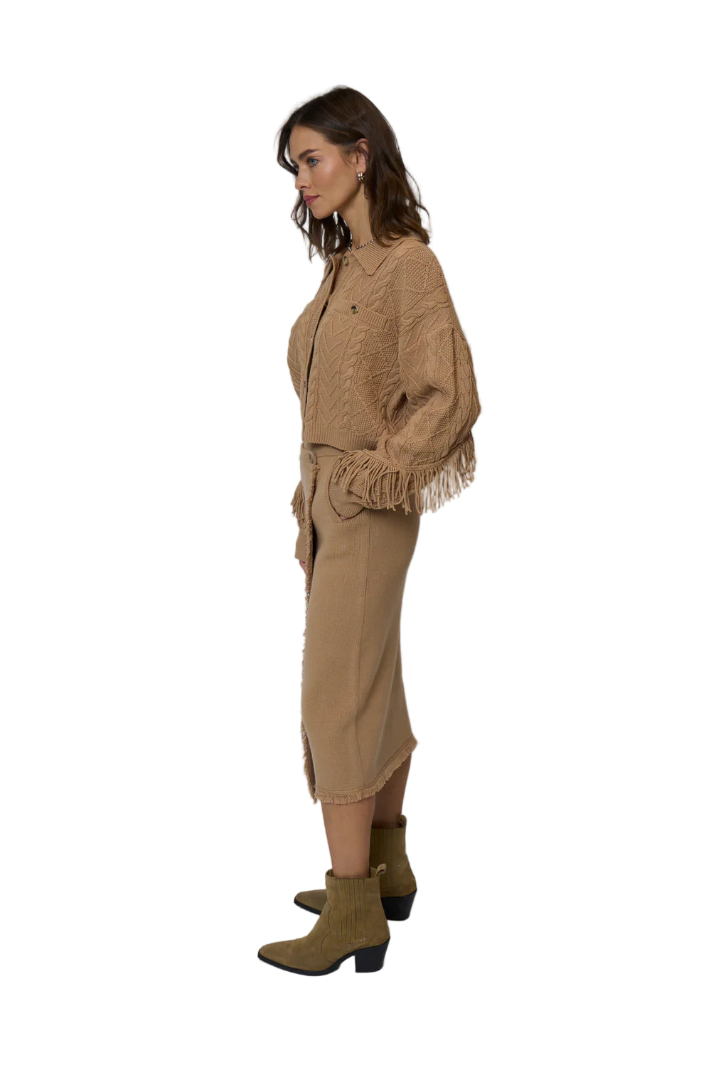 Elysa Fringe Midi Skirt- Camel