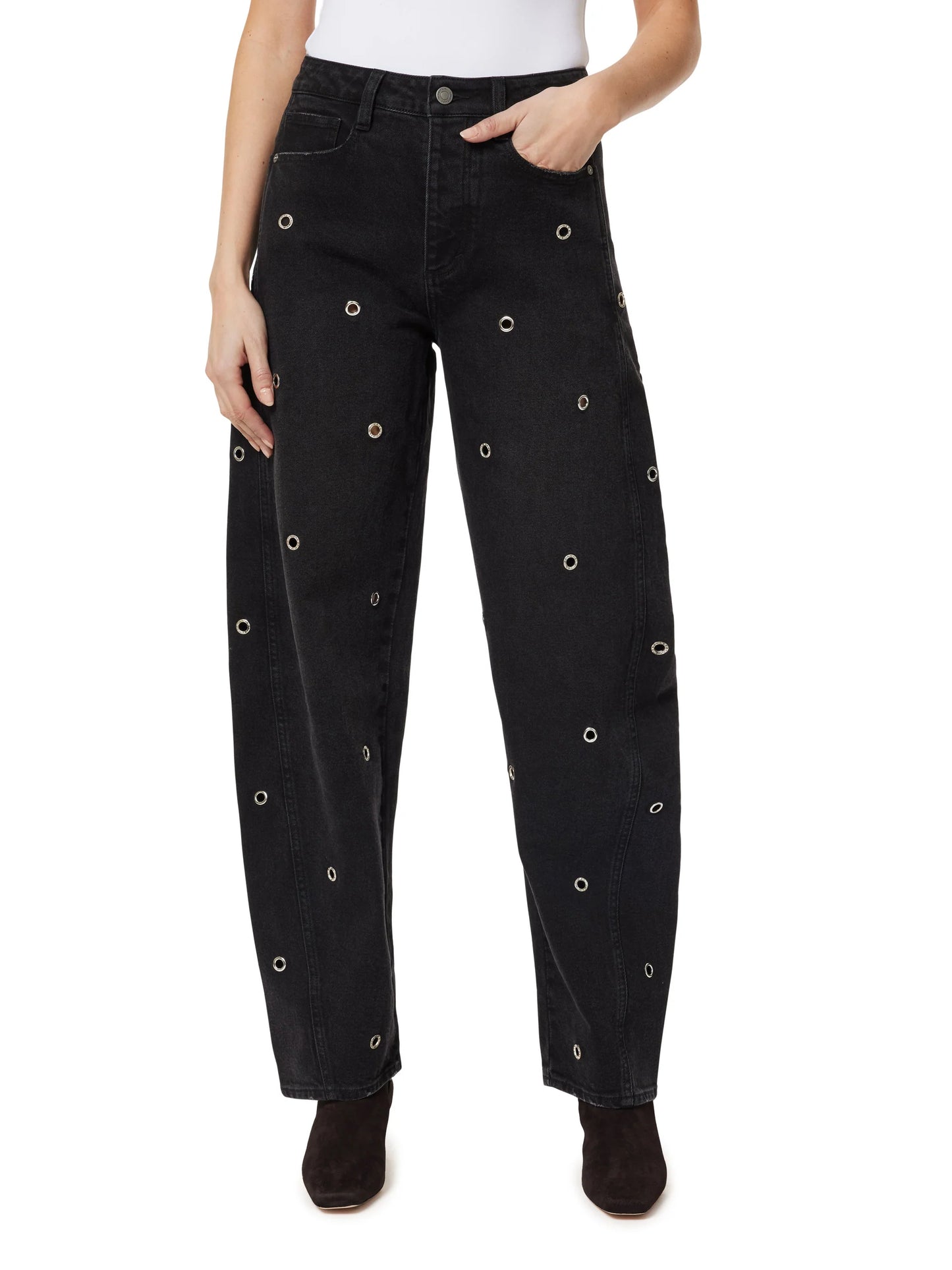 Evie Embellished Barrel Jeans - Washed Black