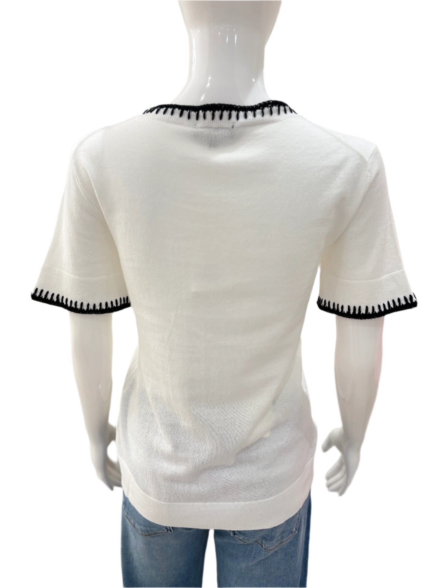 Blossom Stitch Neck Crew Top - White