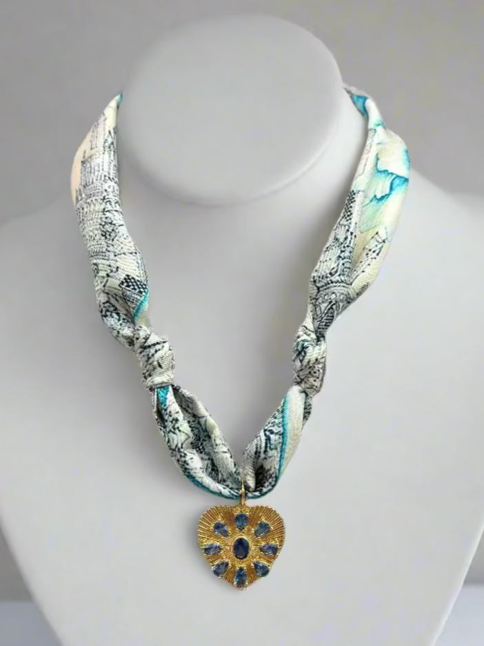Scarf Necklace - Blue Stone Heart