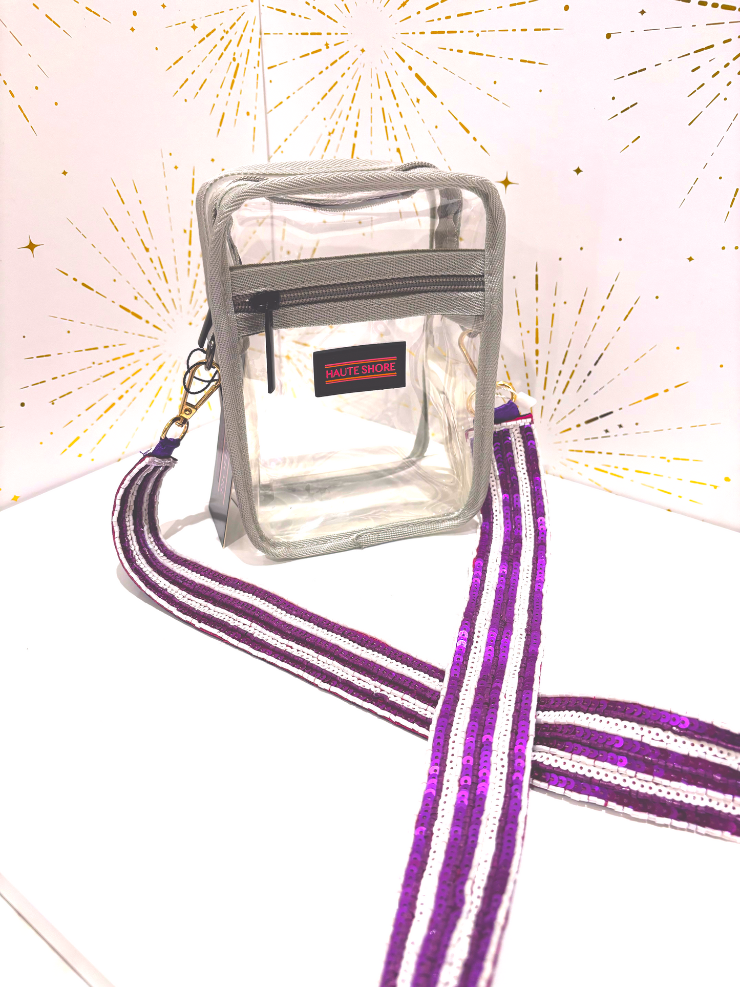 Sequin Stripe Purse Strap Purple and White