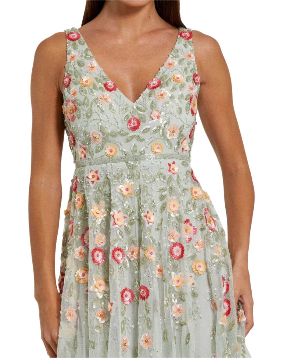 Embroidered Mesh Sleeveless Dress - Sage