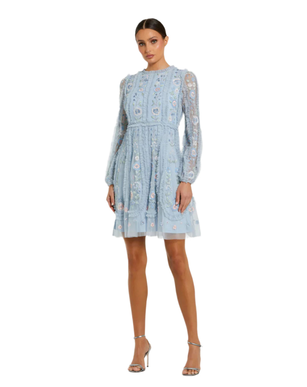 Floral Mesh Micro Ruffle Dress - Powder Blue
