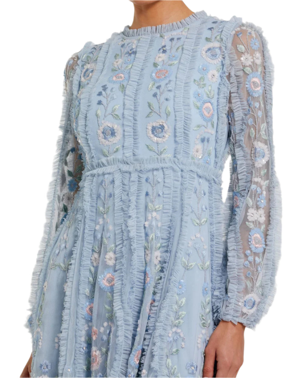 Floral Mesh Micro Ruffle Dress - Powder Blue