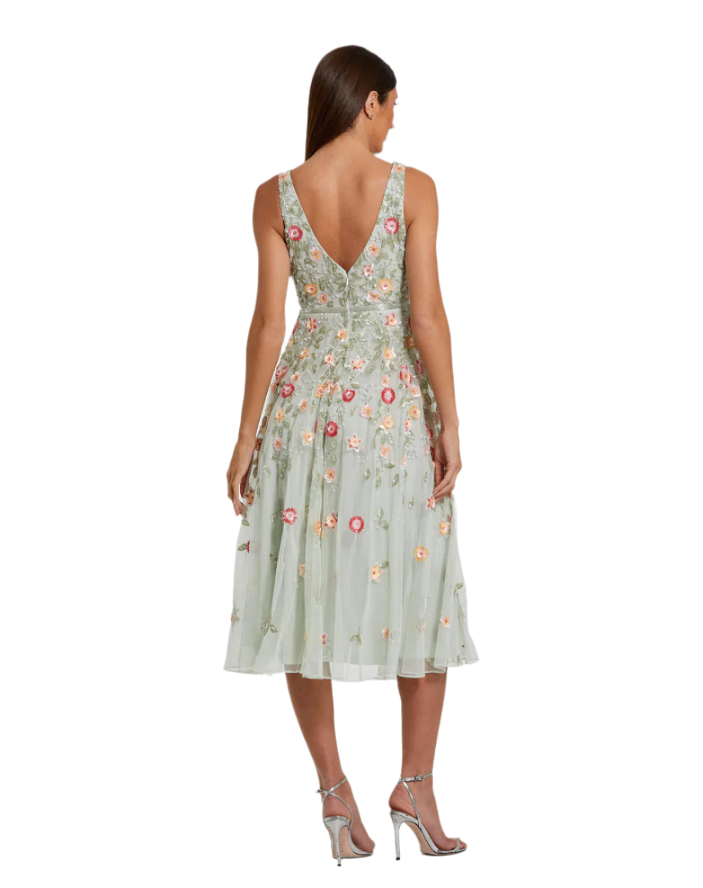 Embroidered Mesh Sleeveless Dress - Sage