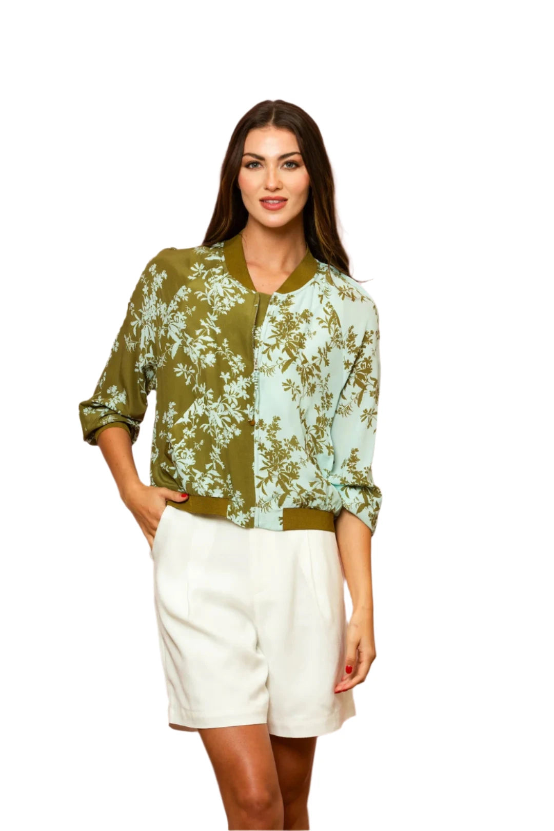 Floral Print Silk Bomber Jacket - Olive Green/Teal