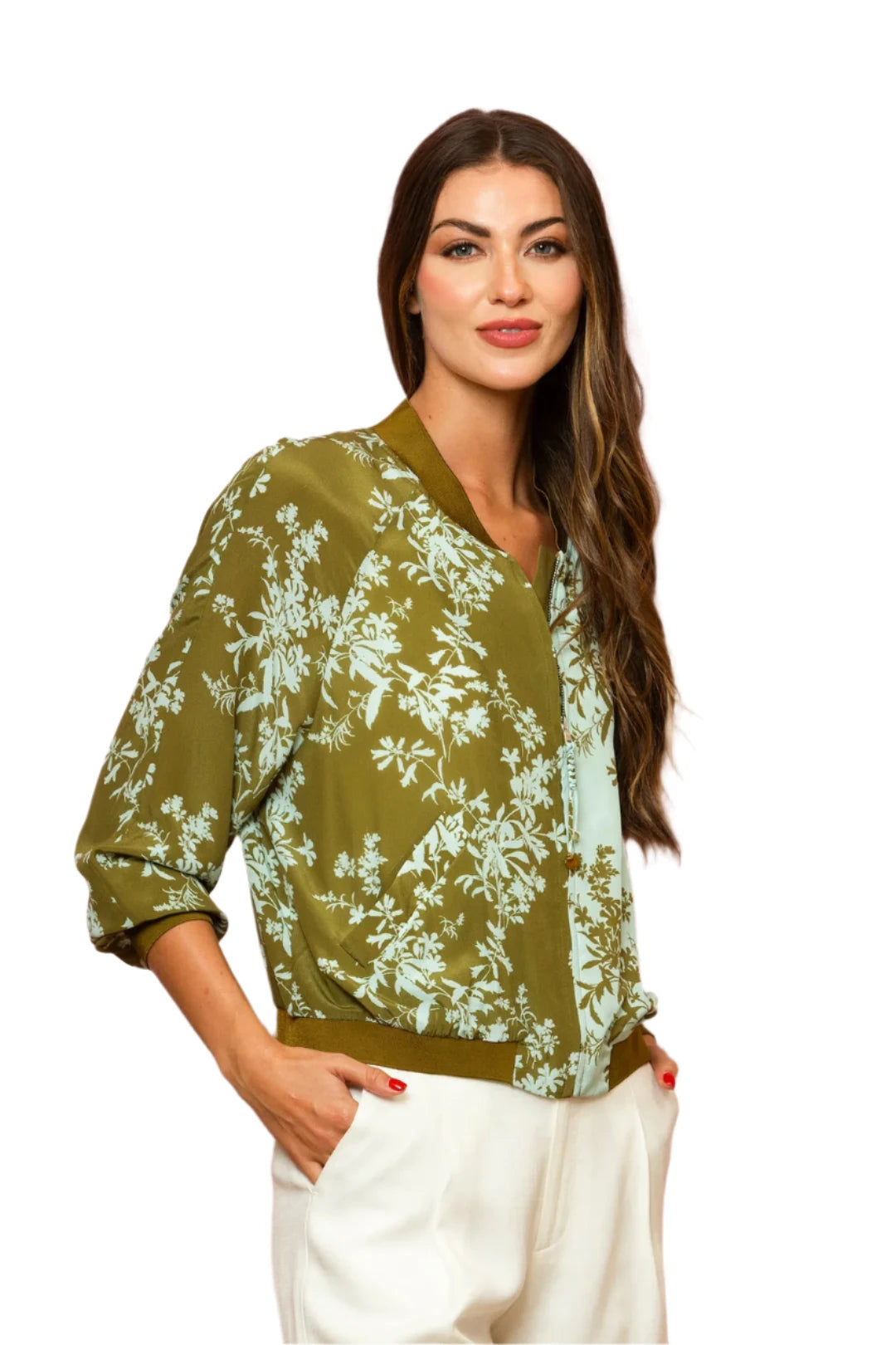 Floral Print Silk Bomber Jacket - Olive Green/Teal