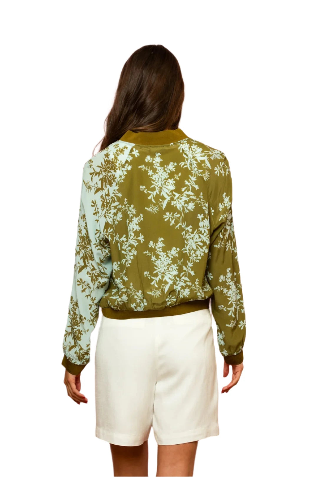 Floral Print Silk Bomber Jacket - Olive Green/Teal