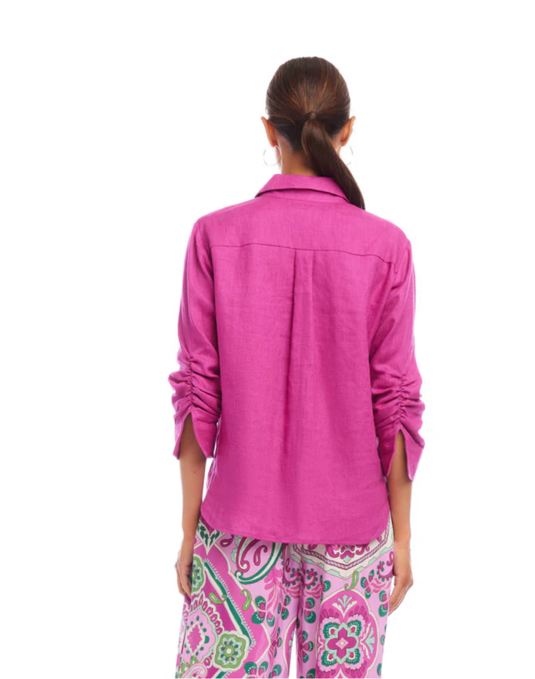 Linen Ruched Sleeve Shirt - Orchid