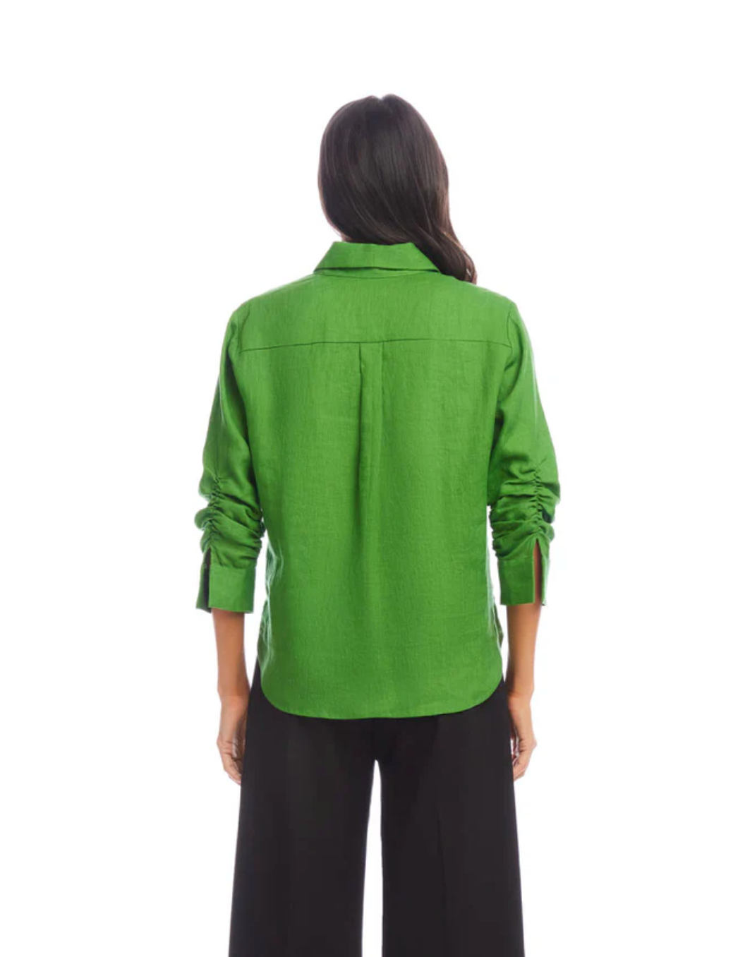 Linen Ruched Sleeve Shirt - Green
