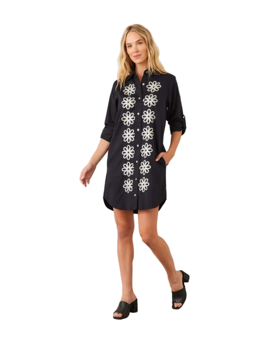 Roll Tab Embroidered Shirtdress - Black