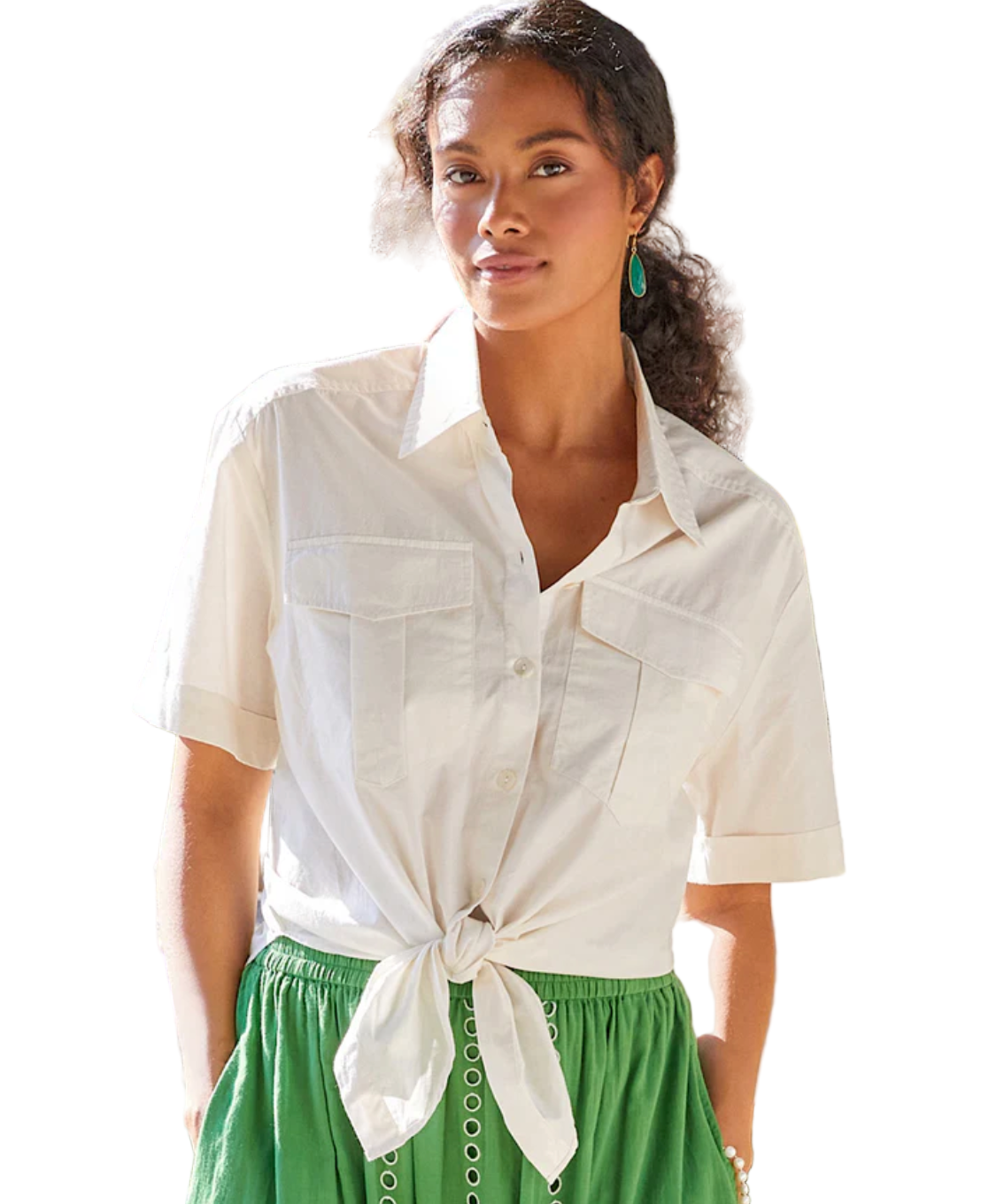 Short Sleeve Tie-Front Top - Cream