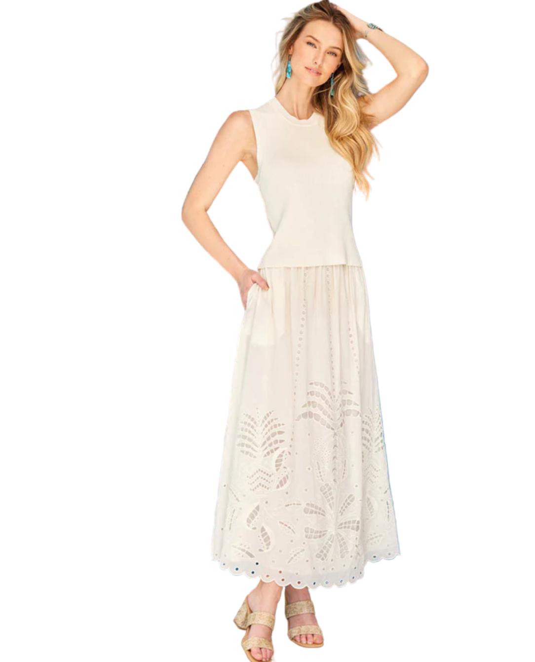 Cutout Embroidery Midi Skirt - Cream
