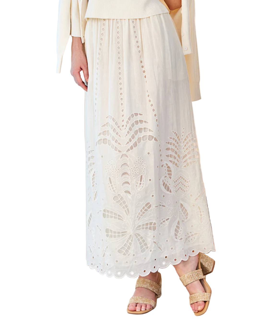 Cutout Embroidery Midi Skirt - Cream