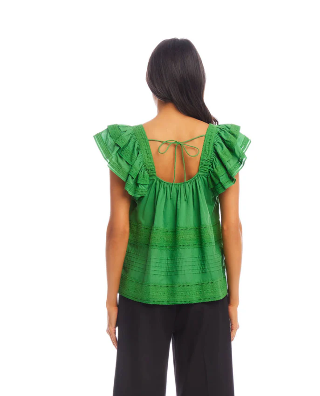 Embroidered Ruffle Sleeve Blouse - Green