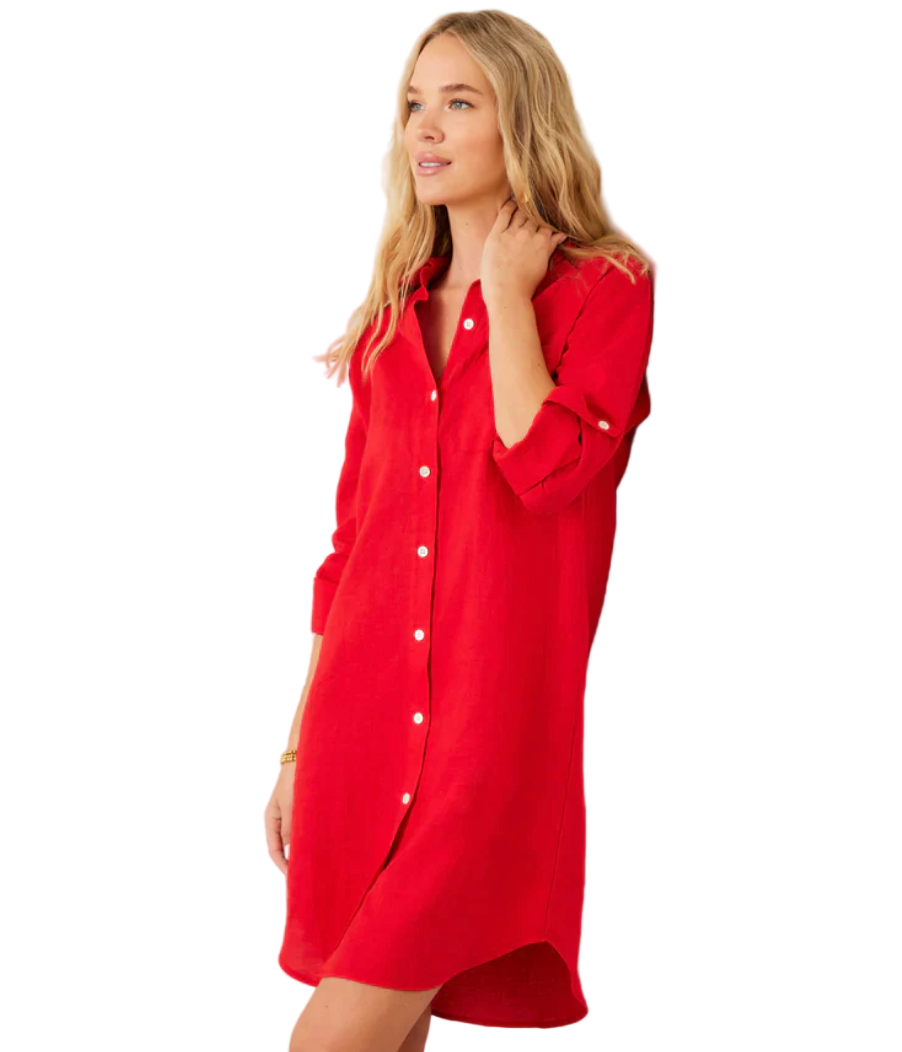 Roll Tab Linen Shirtdress -Cherry