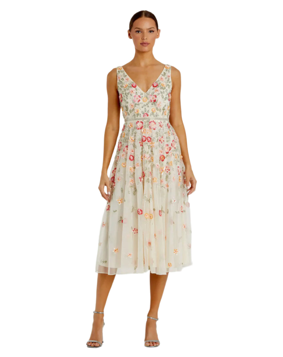 Embroidered Mesh Sleeveless Dress - Nude Multi