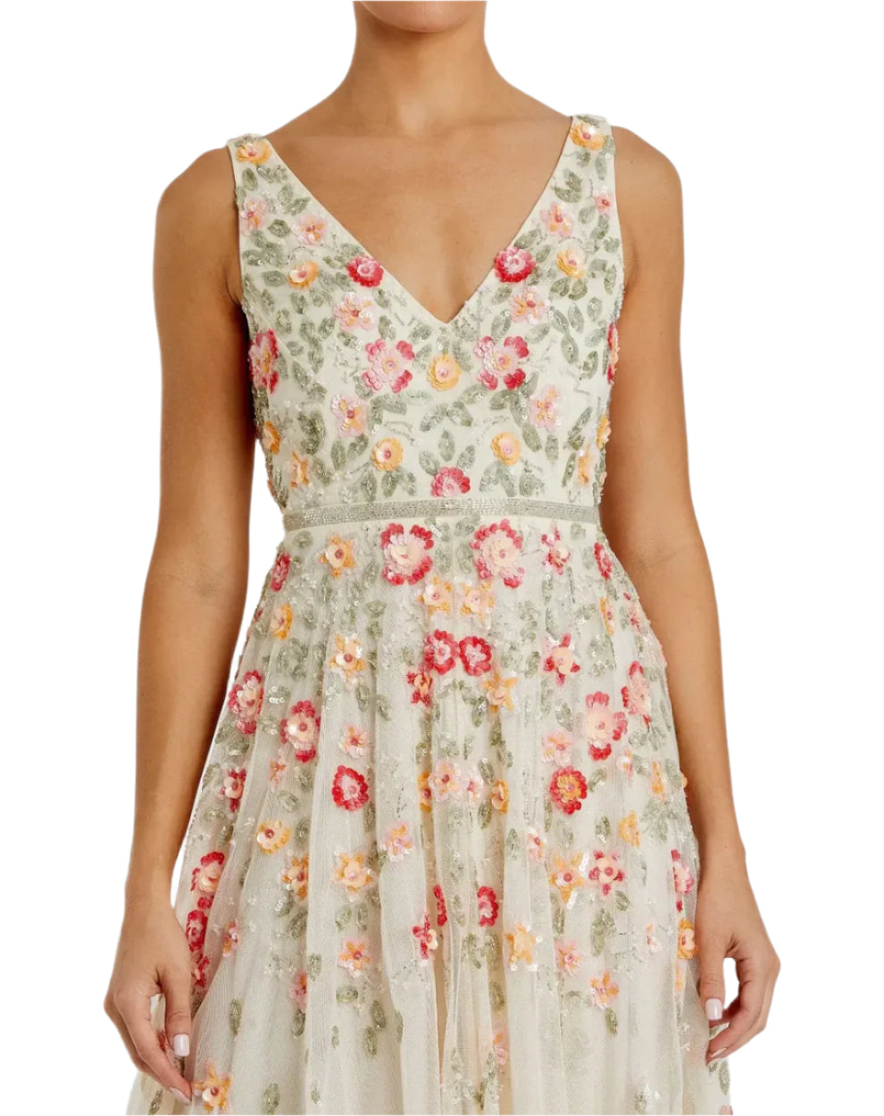Embroidered Mesh Sleeveless Dress - Nude Multi