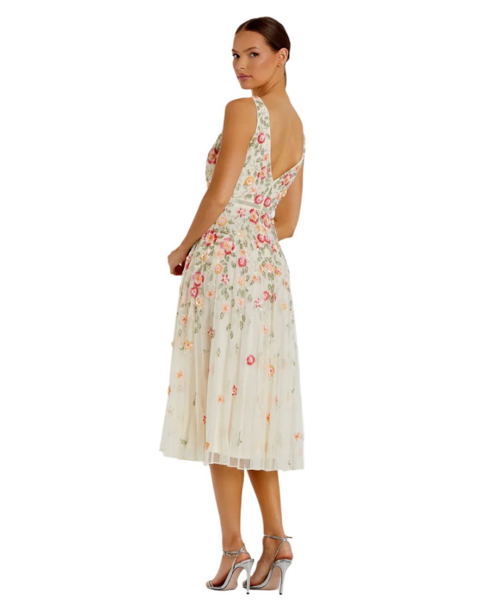 Embroidered Mesh Sleeveless Dress - Nude Multi