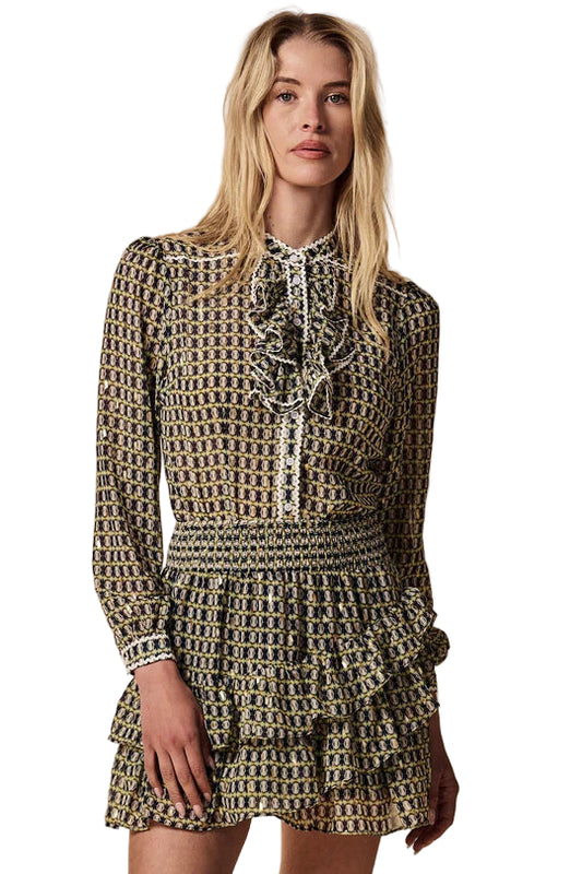 The Ruffled Front Shirt -Green Geo