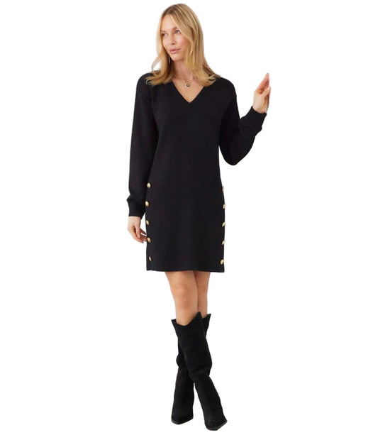 Long Sleeve V-Neck Button Detail Dress - Black