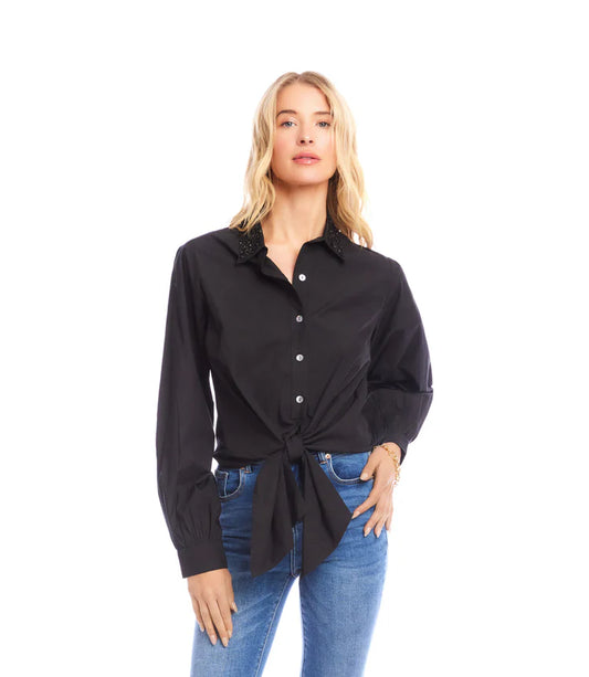 Embellished Collar Tie-Front Top - Black