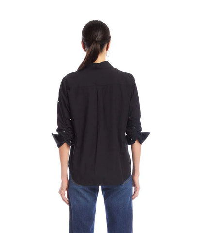 Embellished Ruched Sleeve Shirt - Black