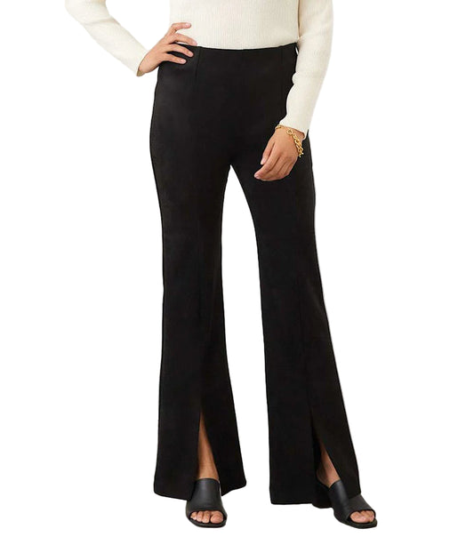 Faux Suede Front Slit Pants - Black