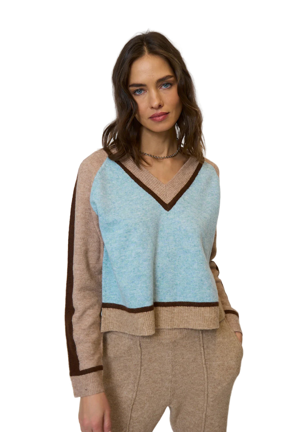 Ash Color Blocked V Neck Top