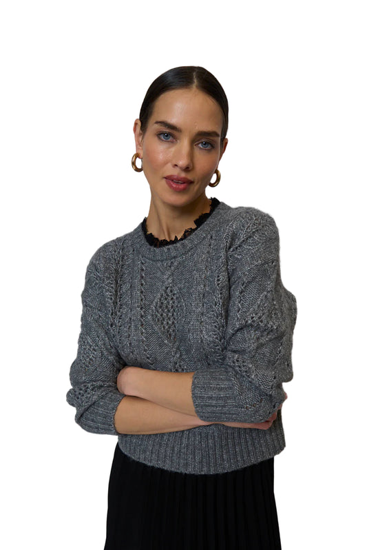Celeste Lace Trim Cable Top - Charcoal