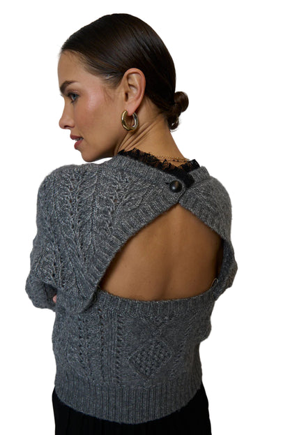 Celeste Lace Trim Cable Top - Charcoal