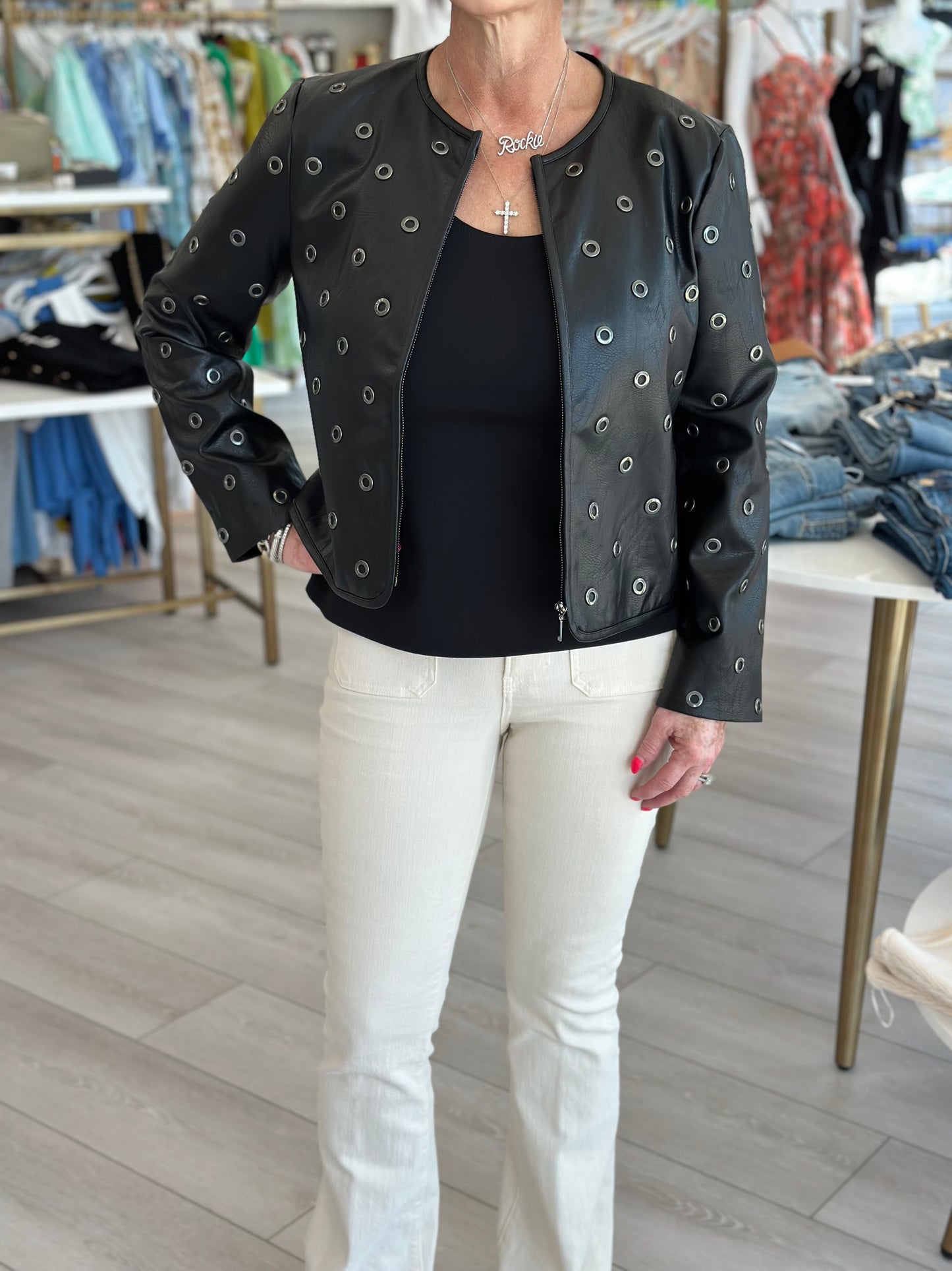 Geneva Grommet Vegan Leather Jacket - Black