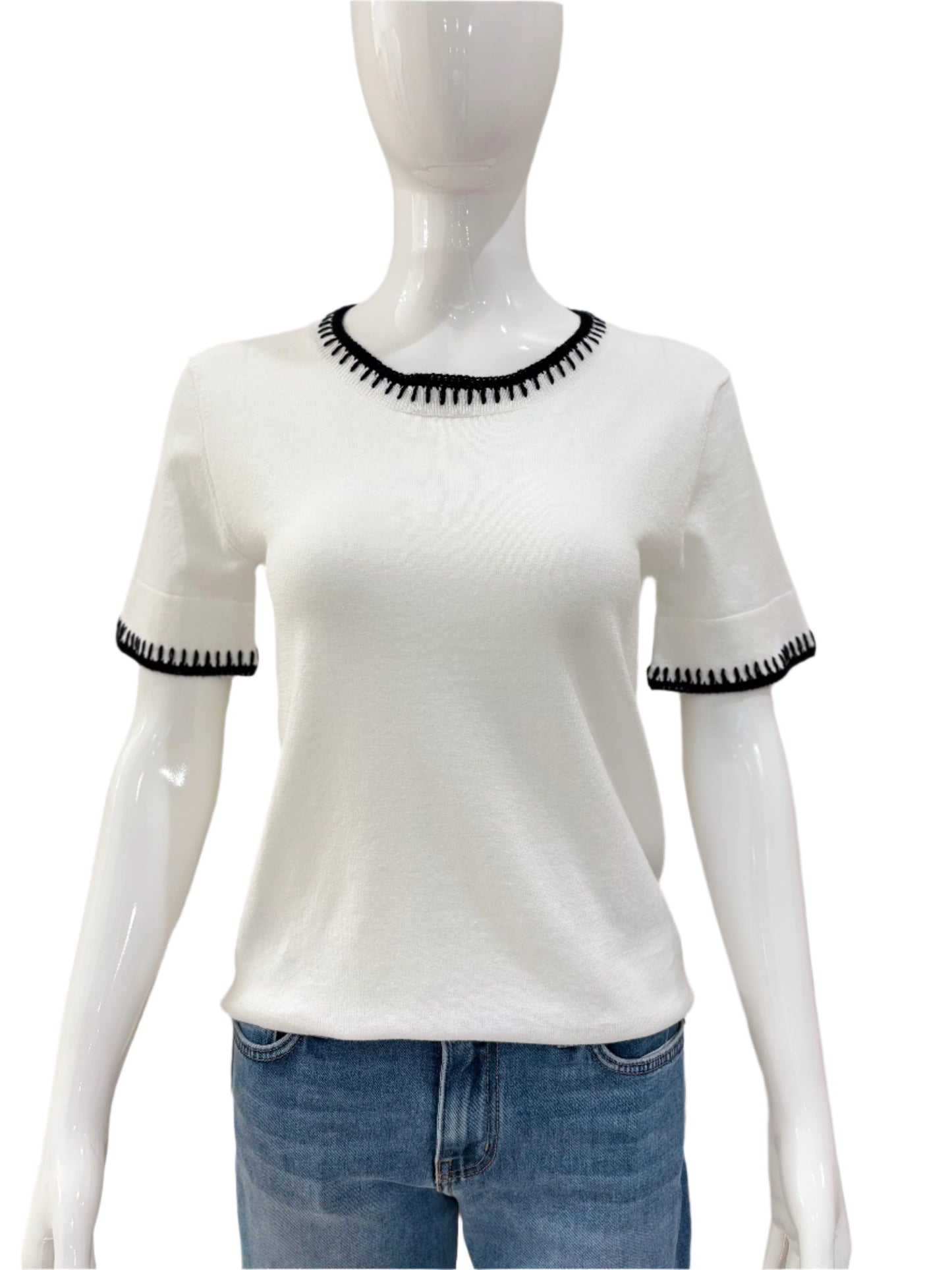 Blossom Stitch Neck Crew Top - White