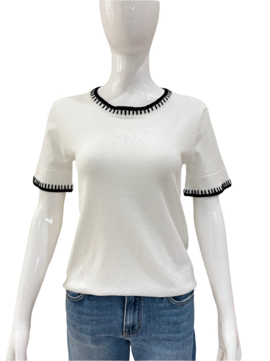 Blossom Stitch Neck Crew Top - White
