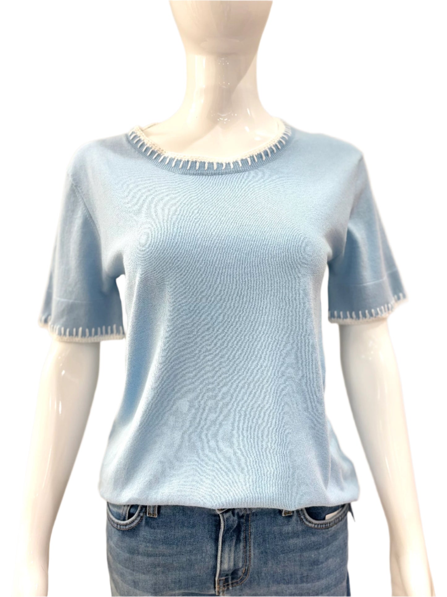 Blossom Stitch Neck Crew Top - Sky