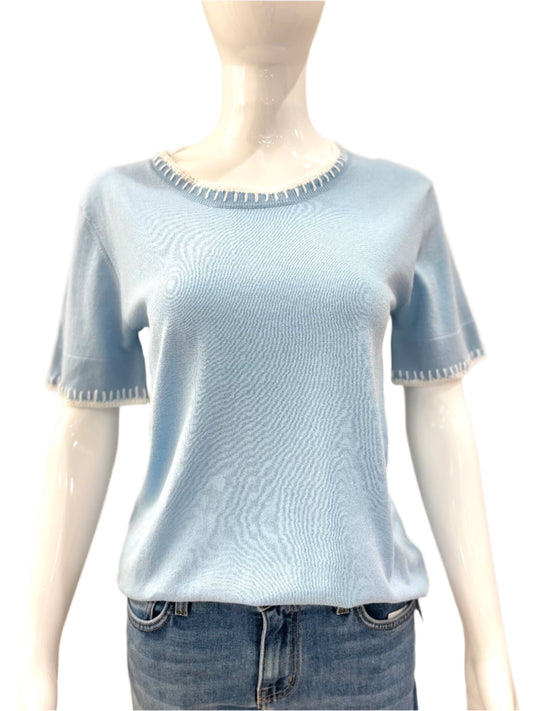 Blossom Stitch Neck Crew Top - Sky