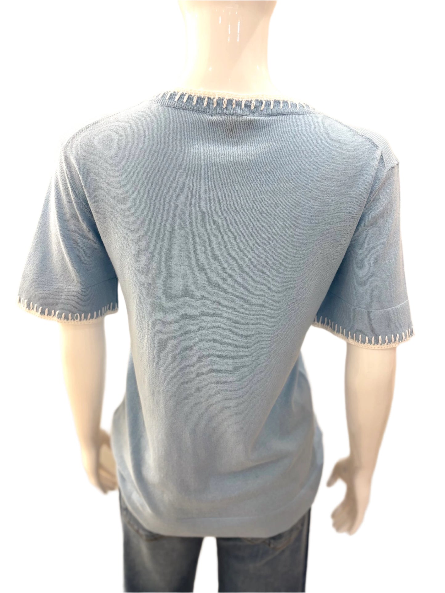 Blossom Stitch Neck Crew Top - Sky